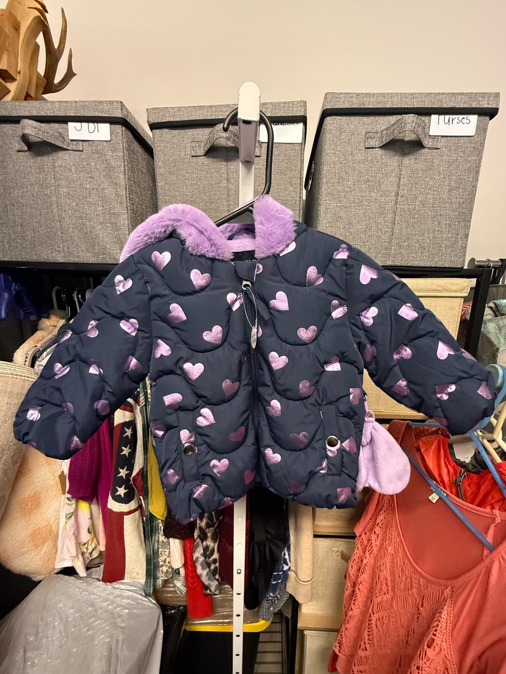 Rothschild Navy Heart Puffer Jacket with Lavender Faux-Fur and Mittens NWT
